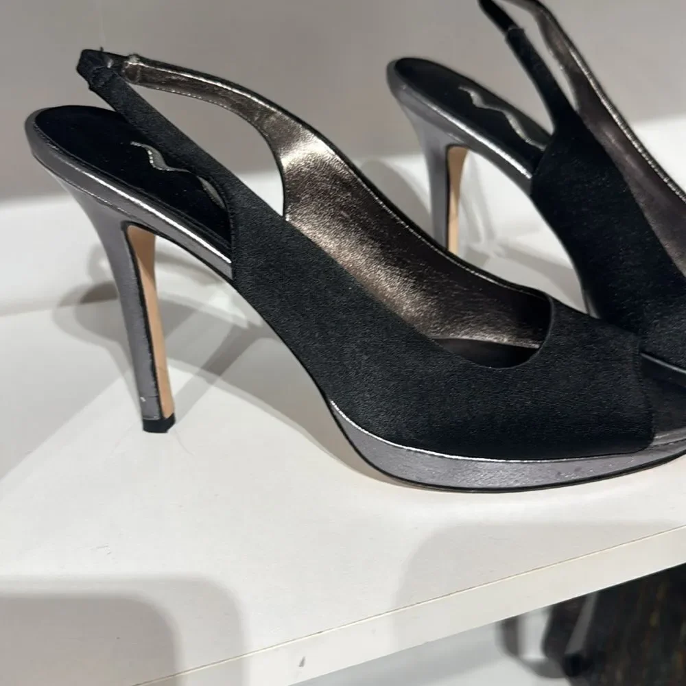 Nina Shoes Black and Silver Slingback Heels